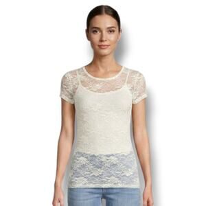 DNA Couture Women’s Off-White Lace Short Sleeve Top Medium